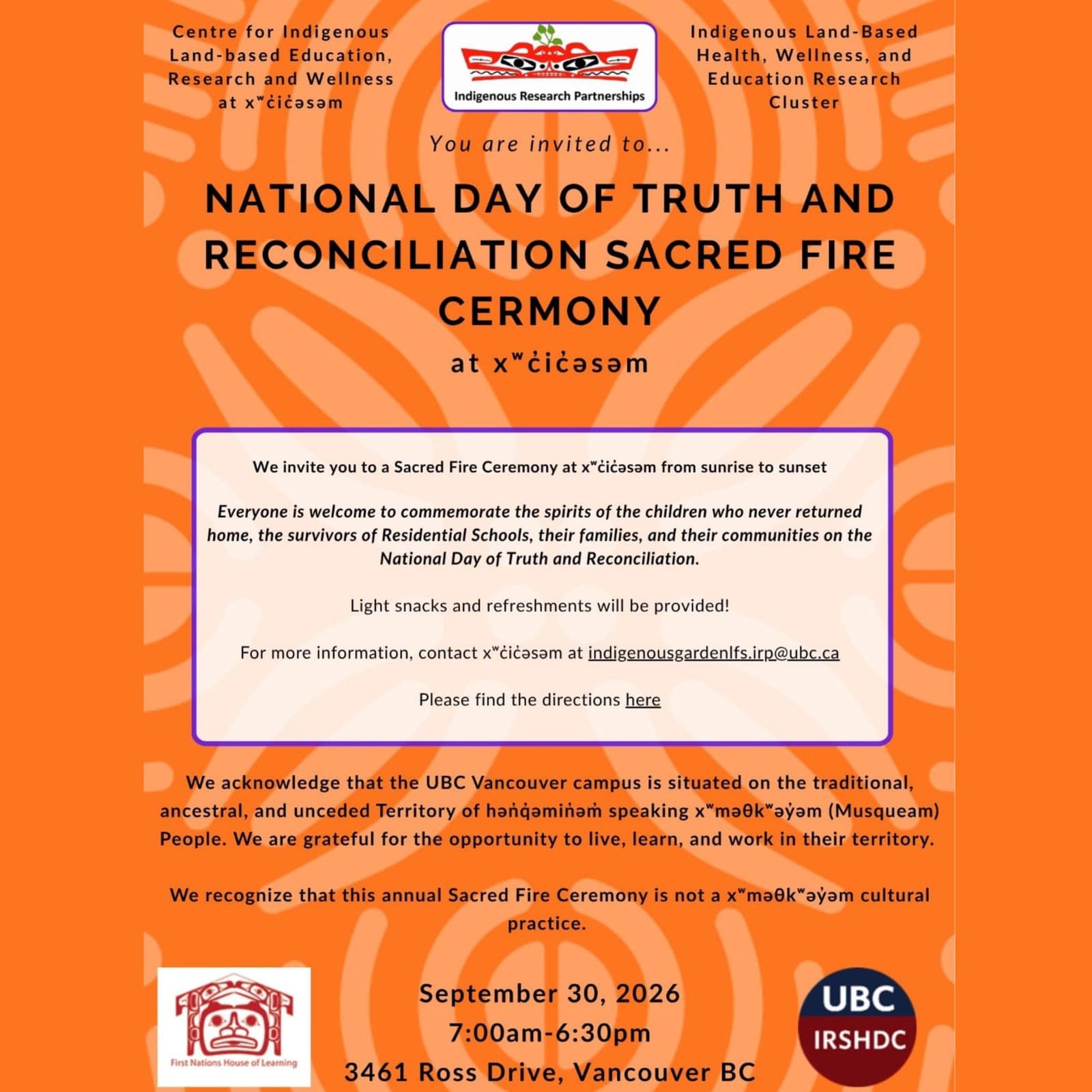 National Day of Truth and Reconciliation Sacred Fire Ceremony